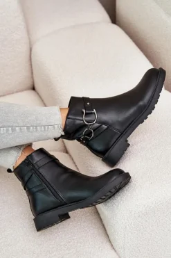 Boto Ocieplane Botki Na Płaskim Obcasie Z Ozdobnym Paskiem Czarne Calzina