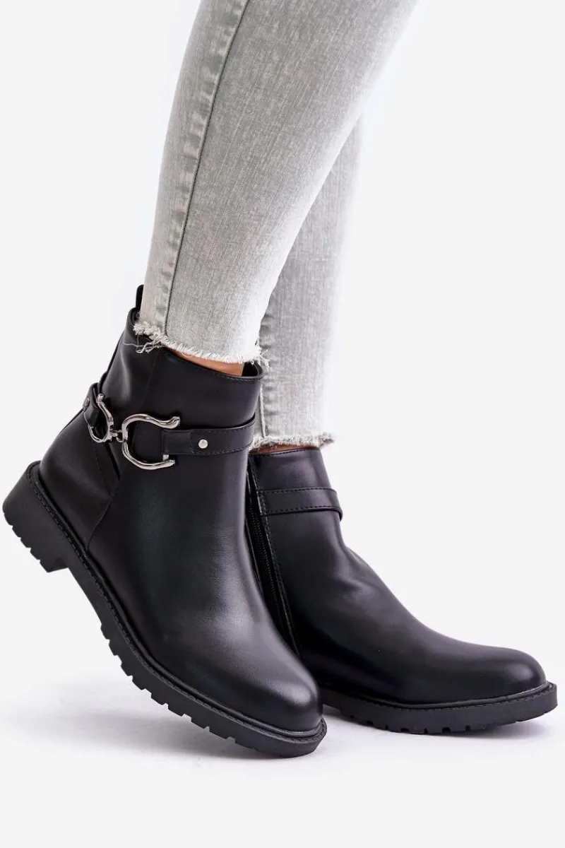 Boto Ocieplane Botki Na Płaskim Obcasie Z Ozdobnym Paskiem Czarne Calzina