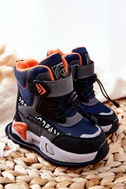 Ocieplane Botki Na Rzep Granatowo-Szare Darel Dzieci Chłopięce|Chłopięce