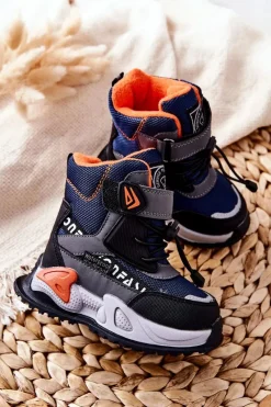 Ocieplane Botki Na Rzep Granatowo-Szare Darel Dzieci Chłopięce|Chłopięce