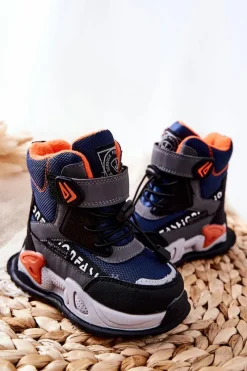 Ocieplane Botki Na Rzep Granatowo-Szare Darel Dzieci Chłopięce|Chłopięce