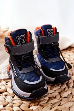 Ocieplane Botki Na Rzep Granatowo-Szare Darel Dzieci Chłopięce|Chłopięce