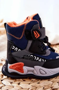 Ocieplane Botki Na Rzep Granatowo-Szare Darel Dzieci Chłopięce|Chłopięce