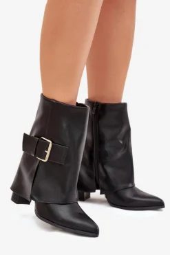 Ocieplane Botki Na Słupku Z Wywiniętą Cholewką I Złotą Klamrą Czarne Ylenara Damskie Botki Ocieplane|Botki Na Obcasie