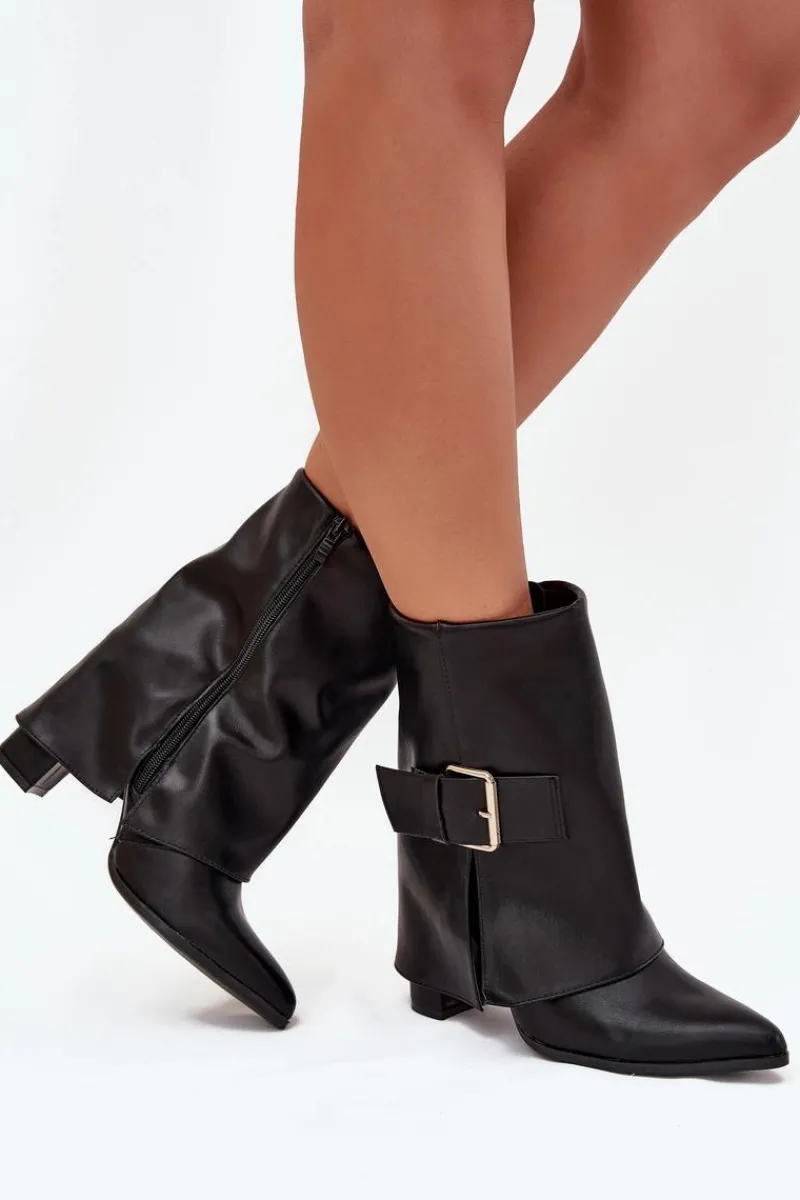Ocieplane Botki Na Słupku Z Wywiniętą Cholewką I Złotą Klamrą Czarne Ylenara Damskie Botki Ocieplane|Botki Na Obcasie