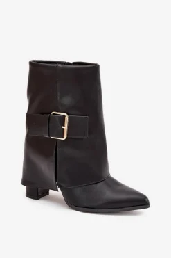 Ocieplane Botki Na Słupku Z Wywiniętą Cholewką I Złotą Klamrą Czarne Ylenara Damskie Botki Ocieplane|Botki Na Obcasie