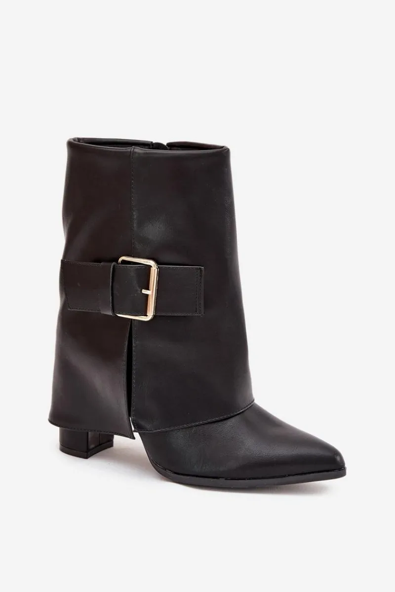 Ocieplane Botki Na Słupku Z Wywiniętą Cholewką I Złotą Klamrą Czarne Ylenara Damskie Botki Ocieplane|Botki Na Obcasie