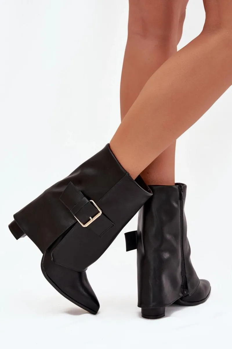 Ocieplane Botki Na Słupku Z Wywiniętą Cholewką I Złotą Klamrą Czarne Ylenara Damskie Botki Ocieplane|Botki Na Obcasie