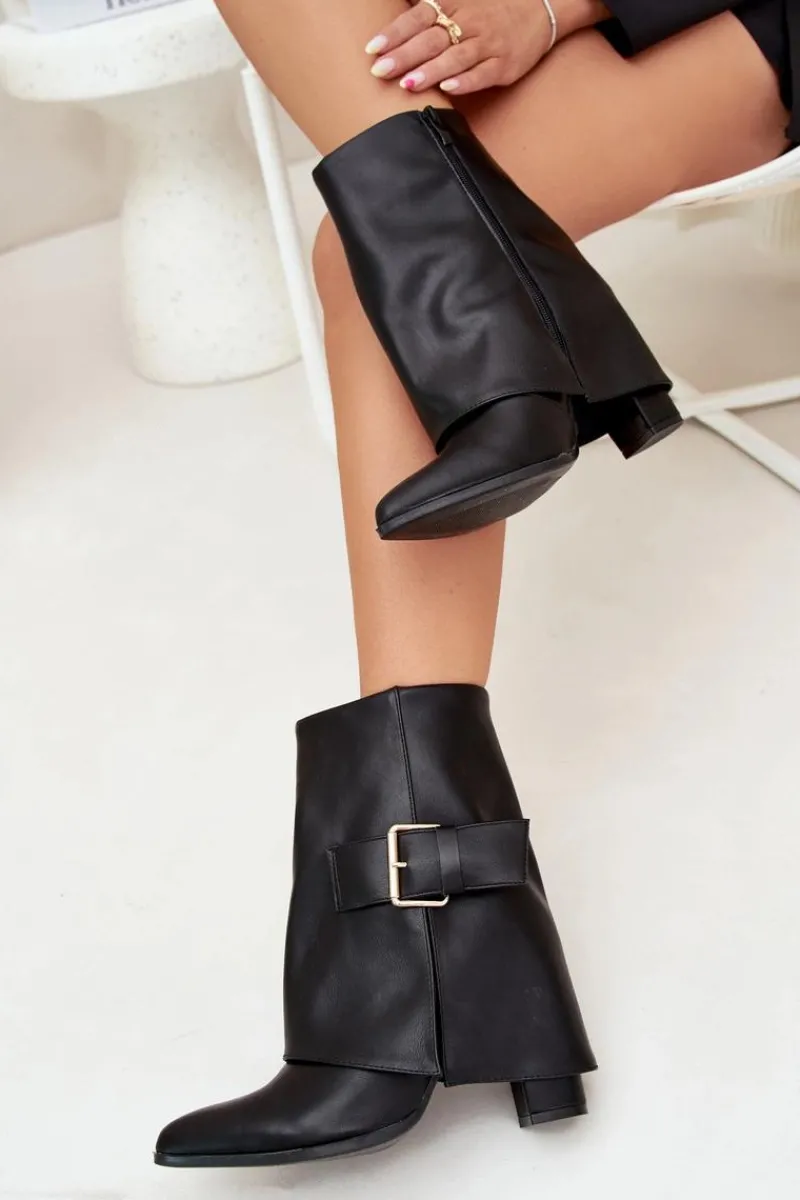 Ocieplane Botki Na Słupku Z Wywiniętą Cholewką I Złotą Klamrą Czarne Ylenara Damskie Botki Ocieplane|Botki Na Obcasie