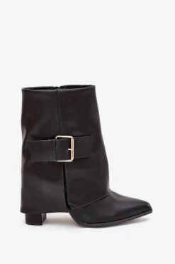 Ocieplane Botki Na Słupku Z Wywiniętą Cholewką I Złotą Klamrą Czarne Ylenara Damskie Botki Ocieplane|Botki Na Obcasie