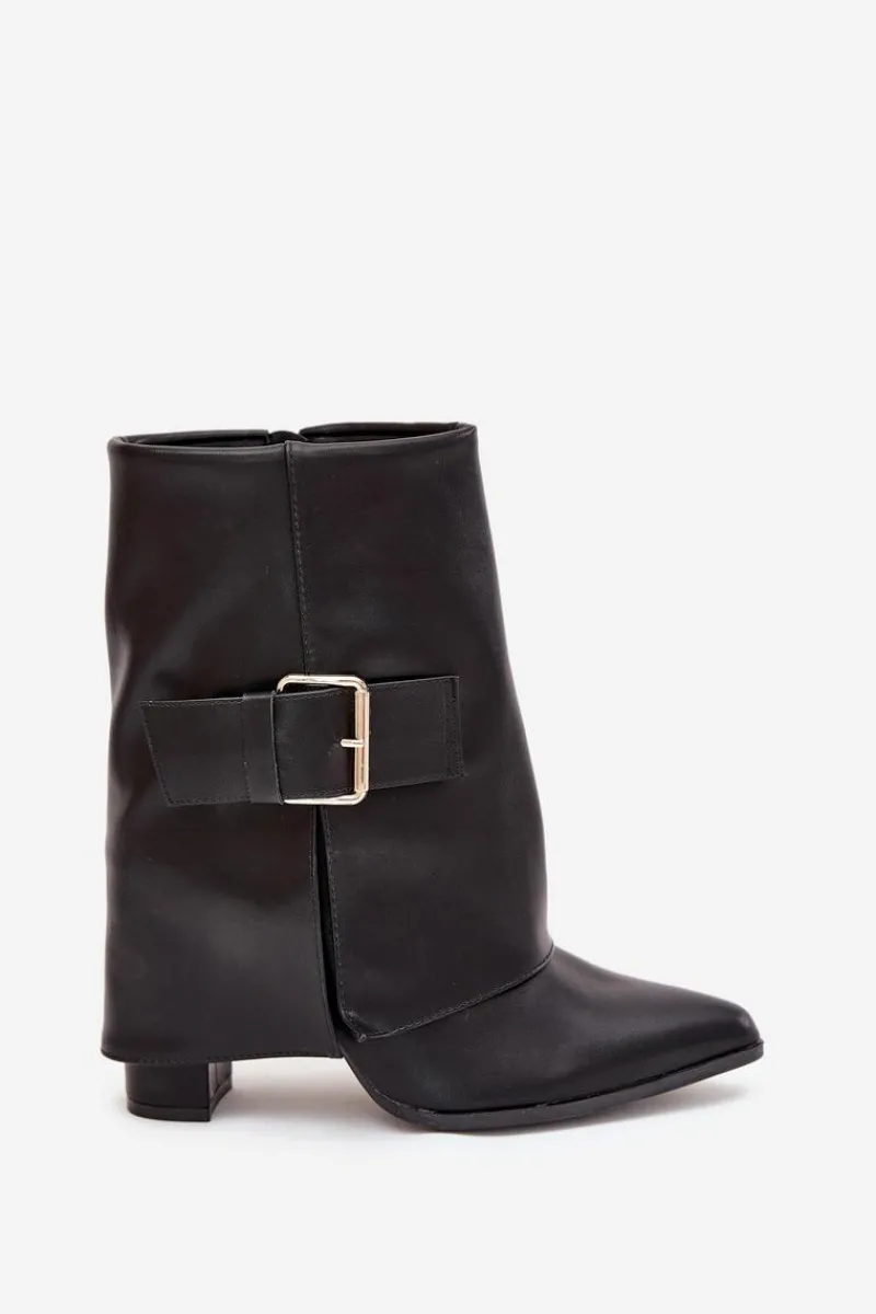 Ocieplane Botki Na Słupku Z Wywiniętą Cholewką I Złotą Klamrą Czarne Ylenara Damskie Botki Ocieplane|Botki Na Obcasie