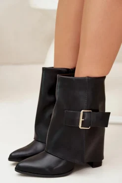 Ocieplane Botki Na Słupku Z Wywiniętą Cholewką I Złotą Klamrą Czarne Ylenara Damskie Botki Ocieplane|Botki Na Obcasie