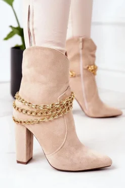 Sale Ocieplane Botki Na Słupku Beżowe Good Impression Damskie Botki Na Słupku|Czarne Botki