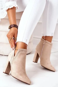 Sale Ocieplane Botki Na Słupku Beżowe Sally Damskie Botki Na Słupku|Czarne Botki