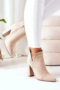 Sale Ocieplane Botki Na Słupku Beżowe Sally Damskie Botki Na Słupku|Czarne Botki