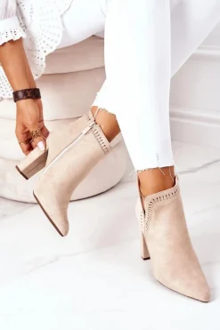 Sale Ocieplane Botki Na Słupku Beżowe Sally Damskie Botki Na Słupku|Czarne Botki