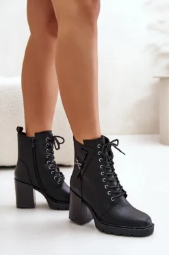 Outlet Ocieplane Botki Na Słupku Ze Złotym Detalem Czarne Ivarisse Damskie Botki Ocieplane|Botki Na Obcasie