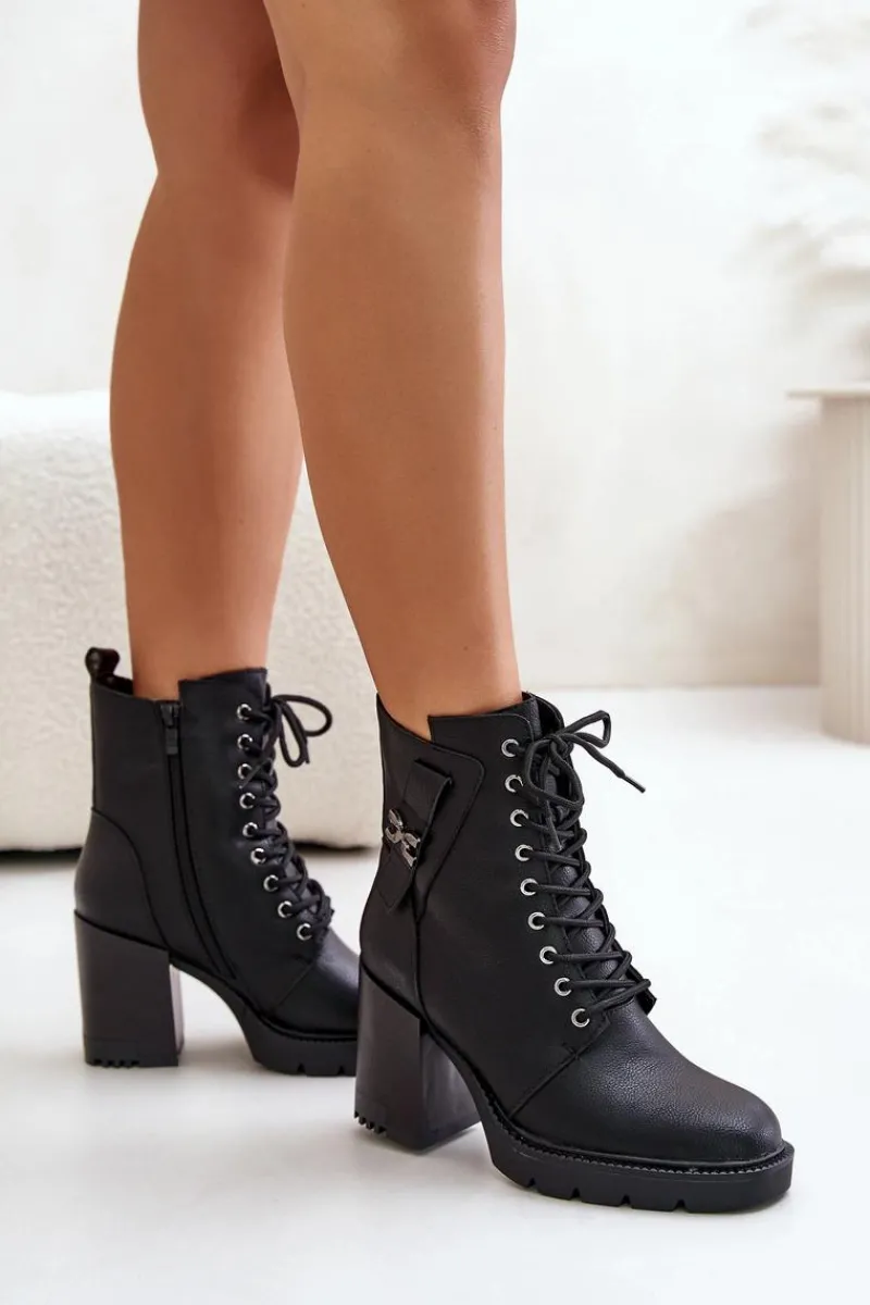 Outlet Ocieplane Botki Na Słupku Ze Złotym Detalem Czarne Ivarisse Damskie Botki Ocieplane|Botki Na Obcasie