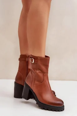 Sale Ocieplane Botki Na Słupku Z Klamrą Brązowe Selavia Damskie Botki Na Słupku|Czarne Botki