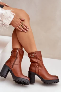 Sale Ocieplane Botki Na Słupku Z Klamrą Brązowe Selavia Damskie Botki Na Słupku|Czarne Botki