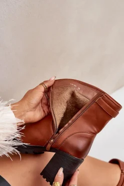 Sale Ocieplane Botki Na Słupku Z Klamrą Brązowe Selavia Damskie Botki Na Słupku|Czarne Botki