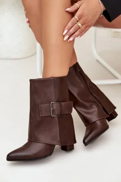 Discount Boto Ocieplane Botki Na Słupku Z Wywiniętą Cholewką I Klamrą Brązowe Ylenara