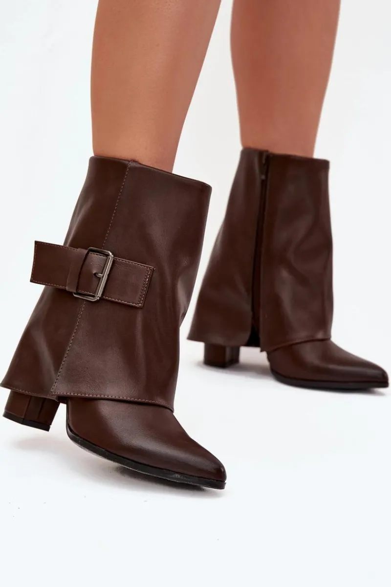 Discount Boto Ocieplane Botki Na Słupku Z Wywiniętą Cholewką I Klamrą Brązowe Ylenara