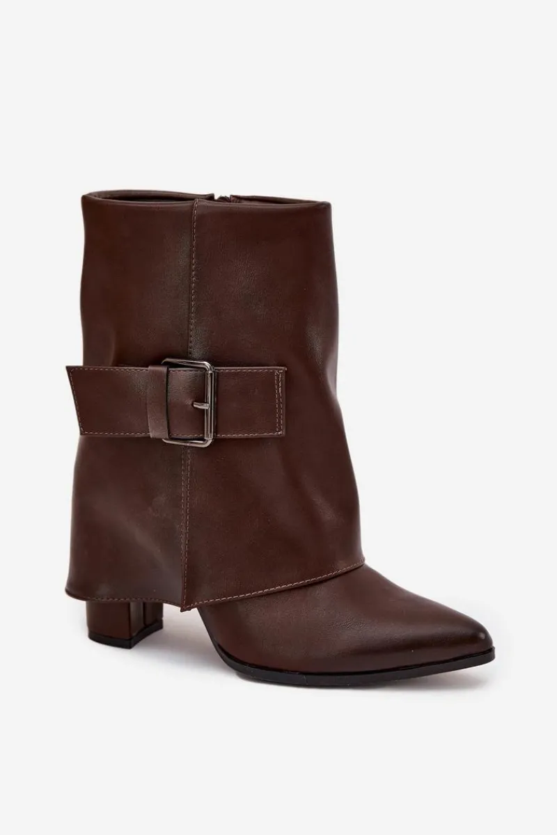 Discount Boto Ocieplane Botki Na Słupku Z Wywiniętą Cholewką I Klamrą Brązowe Ylenara