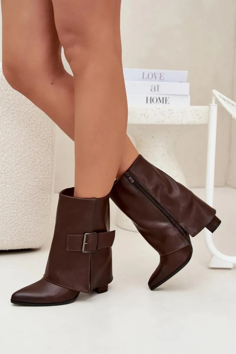 Discount Boto Ocieplane Botki Na Słupku Z Wywiniętą Cholewką I Klamrą Brązowe Ylenara