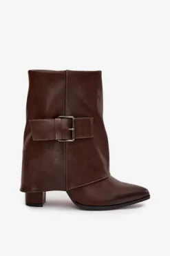 Discount Boto Ocieplane Botki Na Słupku Z Wywiniętą Cholewką I Klamrą Brązowe Ylenara