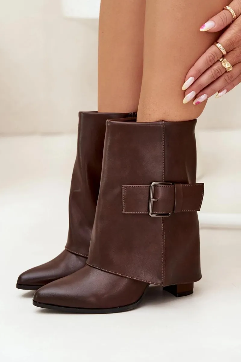 Discount Boto Ocieplane Botki Na Słupku Z Wywiniętą Cholewką I Klamrą Brązowe Ylenara