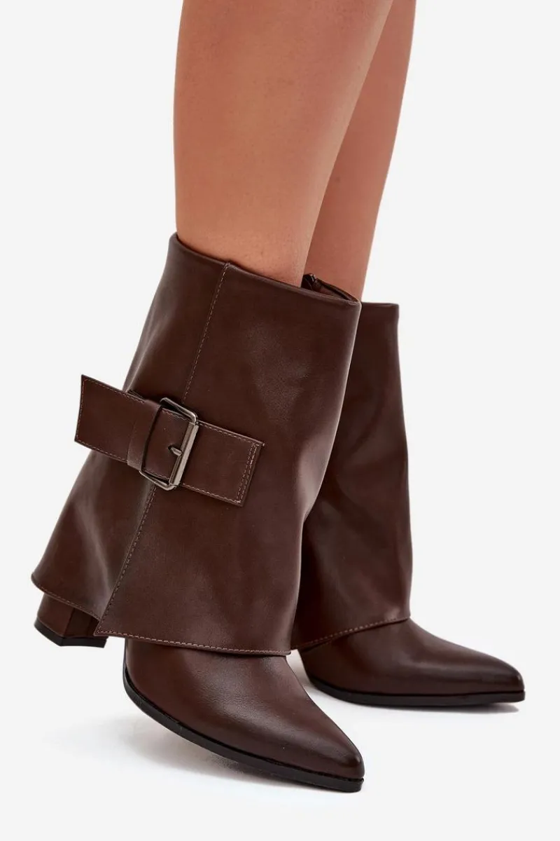 Discount Boto Ocieplane Botki Na Słupku Z Wywiniętą Cholewką I Klamrą Brązowe Ylenara