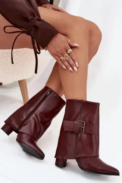 Botki Ocieplane|Botki Na Obcasie>Boto Ocieplane Botki Na Słupku Z Wywiniętą Cholewką I Klamrą Bordowe Ylenara Czerwony