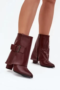 Botki Ocieplane|Botki Na Obcasie>Boto Ocieplane Botki Na Słupku Z Wywiniętą Cholewką I Klamrą Bordowe Ylenara Czerwony