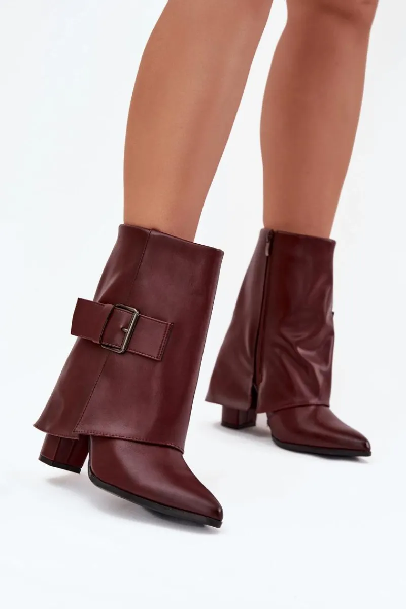 Botki Ocieplane|Botki Na Obcasie>Boto Ocieplane Botki Na Słupku Z Wywiniętą Cholewką I Klamrą Bordowe Ylenara Czerwony