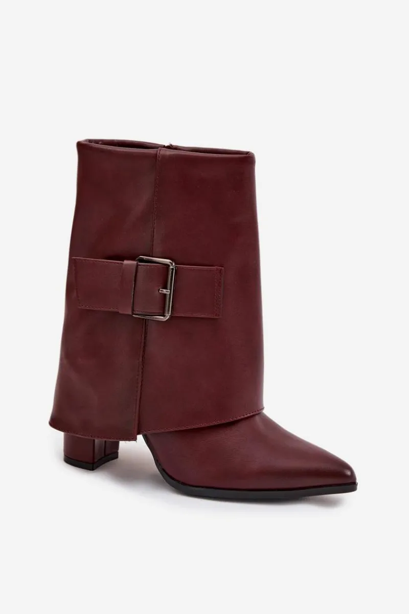 Botki Ocieplane|Botki Na Obcasie>Boto Ocieplane Botki Na Słupku Z Wywiniętą Cholewką I Klamrą Bordowe Ylenara Czerwony