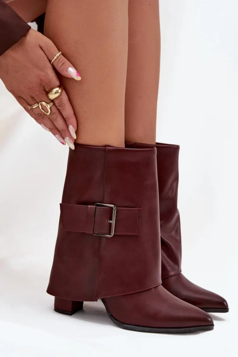 Botki Ocieplane|Botki Na Obcasie>Boto Ocieplane Botki Na Słupku Z Wywiniętą Cholewką I Klamrą Bordowe Ylenara Czerwony