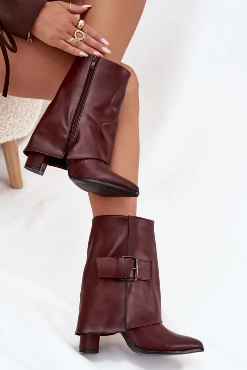 Botki Ocieplane|Botki Na Obcasie>Boto Ocieplane Botki Na Słupku Z Wywiniętą Cholewką I Klamrą Bordowe Ylenara Czerwony