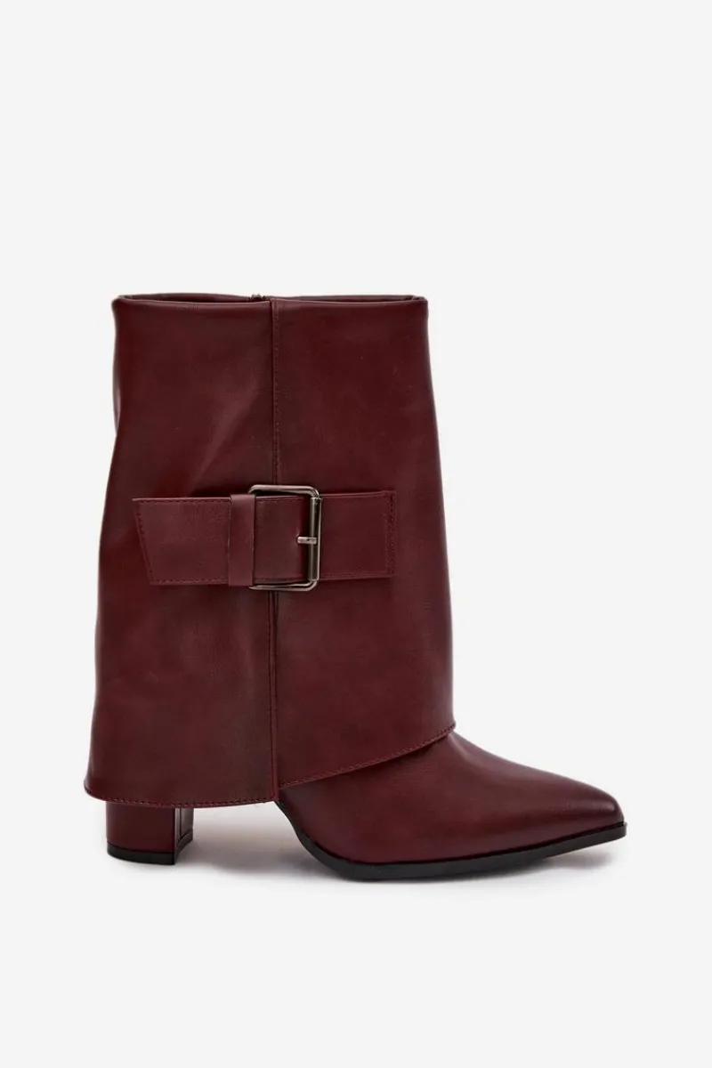 Botki Ocieplane|Botki Na Obcasie>Boto Ocieplane Botki Na Słupku Z Wywiniętą Cholewką I Klamrą Bordowe Ylenara Czerwony