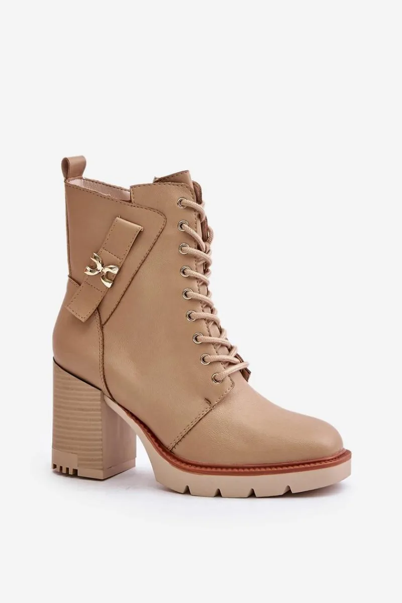 Hot Boto Ocieplane Botki Na Słupku Ze Złotym Detalem Beżowe Ivarisse Beżowy