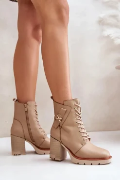 Hot Boto Ocieplane Botki Na Słupku Ze Złotym Detalem Beżowe Ivarisse Beżowy