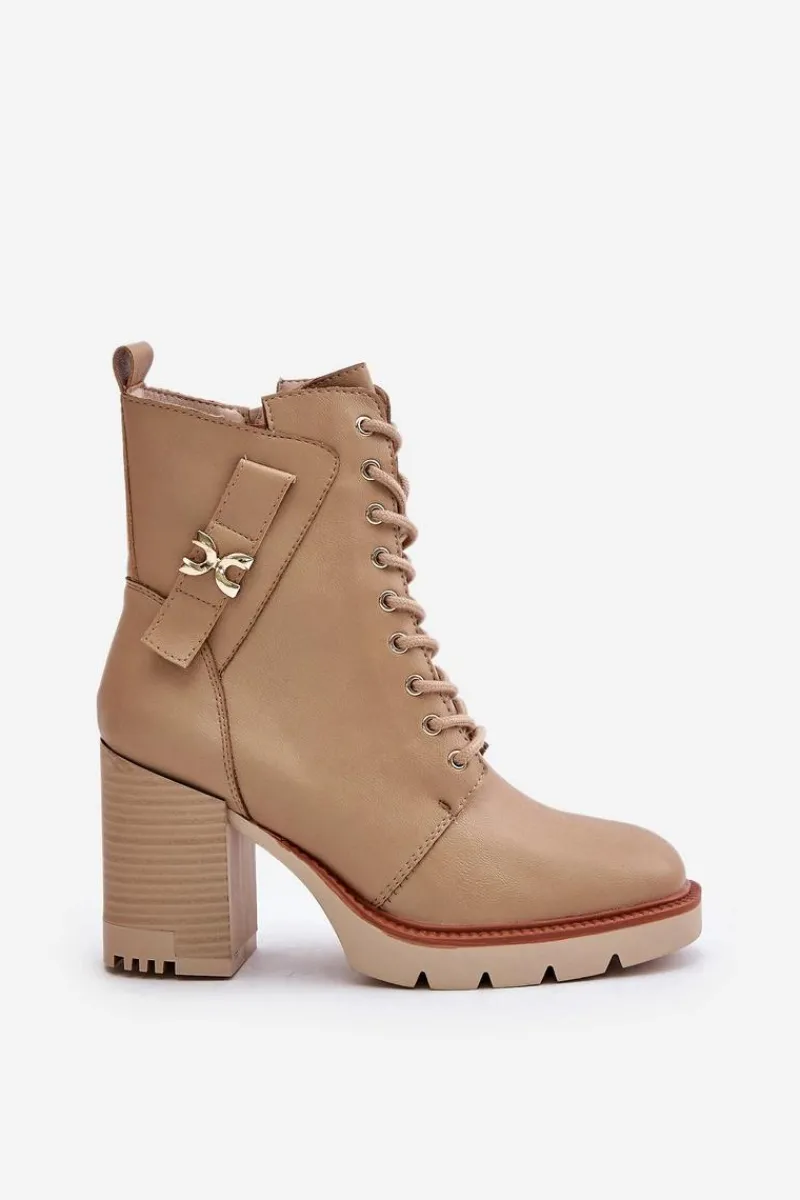 Hot Boto Ocieplane Botki Na Słupku Ze Złotym Detalem Beżowe Ivarisse Beżowy