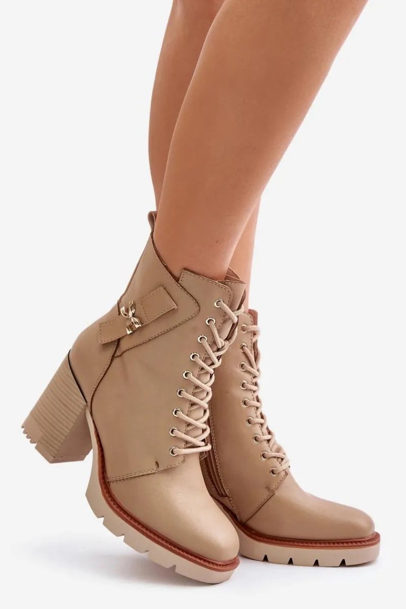 Hot Boto Ocieplane Botki Na Słupku Ze Złotym Detalem Beżowe Ivarisse Beżowy