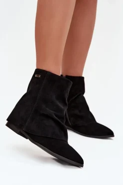 Sale Boto Ocieplane Botki Na Ukrytym Koturnie Z Wywiniętą Cholewką Eko Zamszowe Czarne Tavella Czarny