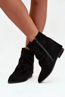 Sale Boto Ocieplane Botki Na Ukrytym Koturnie Z Wywiniętą Cholewką Eko Zamszowe Czarne Tavella Czarny