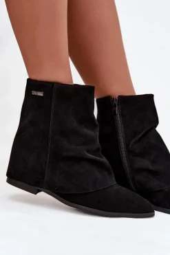 Sale Boto Ocieplane Botki Na Ukrytym Koturnie Z Wywiniętą Cholewką Eko Zamszowe Czarne Tavella Czarny