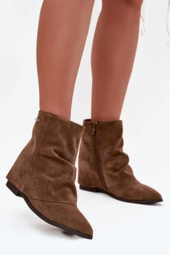 Botki Ocieplane|Botki Na Koturnie>Boto Ocieplane Botki Na Ukrytym Koturnie Z Wywiniętą Cholewką Eko Zamszowe Brązowe Tavella Brązowy