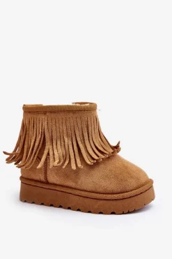 Clearance Ocieplane Botki Śniegowce Dziecięce Z Ozdobnymi Frędzlami Camel Nimia Dzieci Dziewczęce
