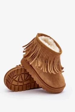 Clearance Ocieplane Botki Śniegowce Dziecięce Z Ozdobnymi Frędzlami Camel Nimia Dzieci Dziewczęce