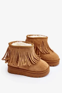 Clearance Ocieplane Botki Śniegowce Dziecięce Z Ozdobnymi Frędzlami Camel Nimia Dzieci Dziewczęce